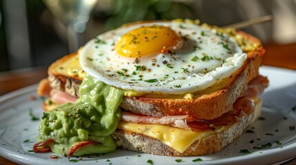 Close up of croque madame sandwich with ham, cheese, fried egg, and avocado sauce on the side