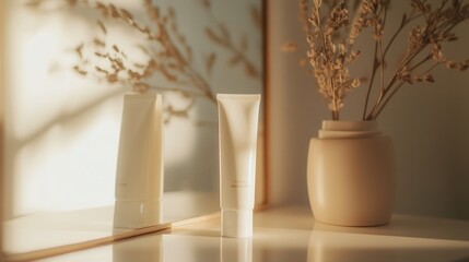 Aufkleber - A tube of cream is placed elegantly on a surface, reflecting in a nearby mirror while gentle shadows play across the room. Generative AI