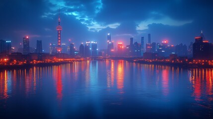 Poster - Vibrant city skyline at dusk reflecting colorful lights on the river, showcasing modern architecture in Shanghai, China