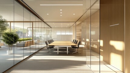 Poster - Bright and modern office conference room, featuring glass walls, a central table, and a focus on clean, minimalist design.