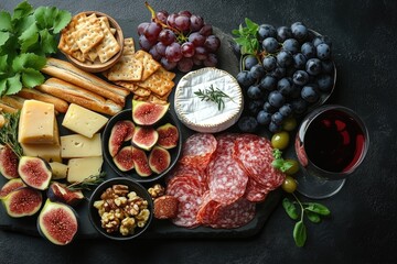 Wall Mural - Elegant Italian Antipasto: Grapes, Figs, Camembert, Breadsticks, and Meat Snacks with Wine