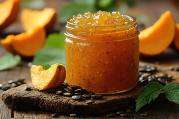 Homemade Sweet Pumpkin Jam with Seeds in a Jar on a Rustic Green Wooden Background