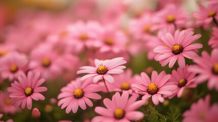 A bunch of pink flowers with yellow centers