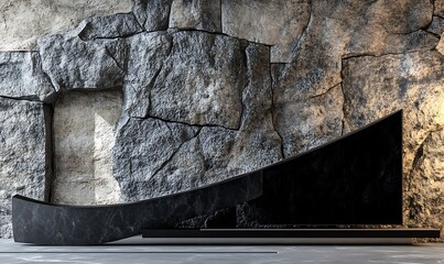 Canvas Print - Black Marble Curved Countertop Against a Stone Wall