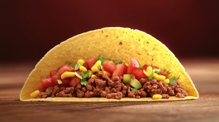 Taco with ground beef, tomatoes, and toppings on a wooden surface