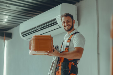 Portrait of professional cheerful smiling electrician man standing on ladder holding toolbox maintaining