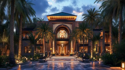 Asian-style entrance with palm trees, opulent exterior facade of opulent, exotic VIP hotel and restaurant building