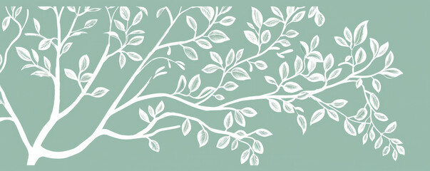 Wall Mural - A simple white line drawing on a mint green background of a tree with lush leaves. The soft color emphasizes the vitality and freshness of nature.