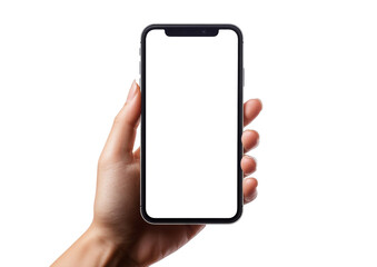 Hand holding Smartphone iPhone 14 pro as png photo and isolated on white background for your mobile phone app or web site design, logo Global Business technology