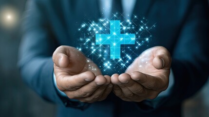 Poster - Hands of a businessman holding a virtual blue plus sign, symbolizing healthcare insurance and positive thinking in business.