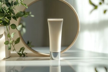 Aufkleber - A tube of cream stands upright, its reflection visible in a mirror while sunlight filters through, illuminating the serene indoor setting. Generative AI