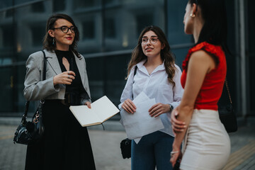 group of professional businesswomen in casual attire having a discussion about a project while stand