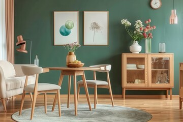 Wall Mural - A modern living room with a green wall and wooden furniture, generative ai image