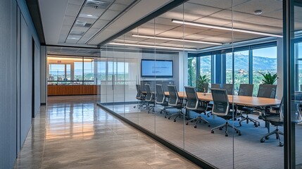 Poster - Modern office conference room with glass partitions, ergonomic seating, and advanced technology for presentations.