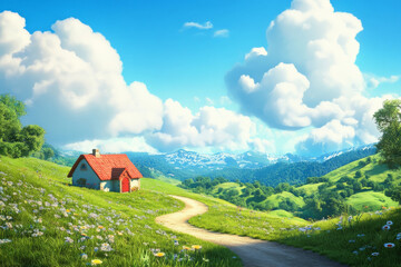 A 3D cartoon-style landscape featuring rolling green hills, a bright blue sky with fluffy white clouds, and a winding dirt path leading to a small cozy cottage with a red roof. The scene is vibrant