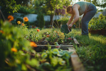 Peaceful backyard scene with a person tending to a garden, planting flowers, watering plants, and pulling weeds. The lush, green garden features colorful flowers and a vegetable patch.

