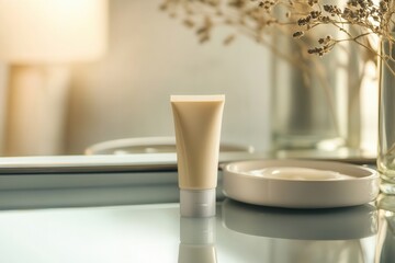 Poster - A tube of cream is placed carefully on a reflective surface, surrounded by contemporary decor and gentle ambient lighting. Generative AI