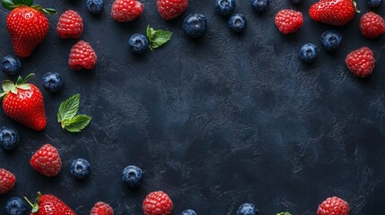 Wall Mural - Strawberries and Blueberries Flat Lay on a Dark Background