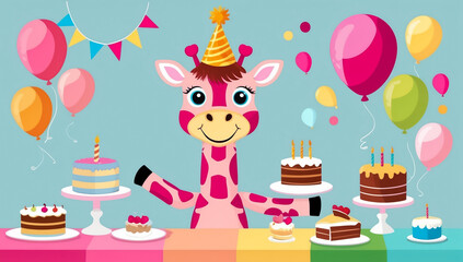 cute cartoon giraffe with cake, birthday flat design illustration  