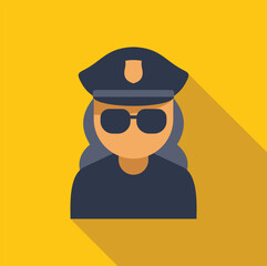 Poster - Simple vector illustration of a female police officer with sunglasses and police hat on yellow background