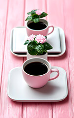 Abstract pink background with two coffee cups. Vertical. 