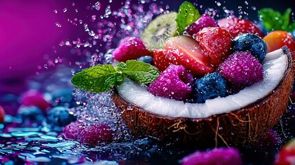 Wall Mural -   A close-up of a fruit in a coconut bowl with water splashing, and a lime slice on the fruit's surface