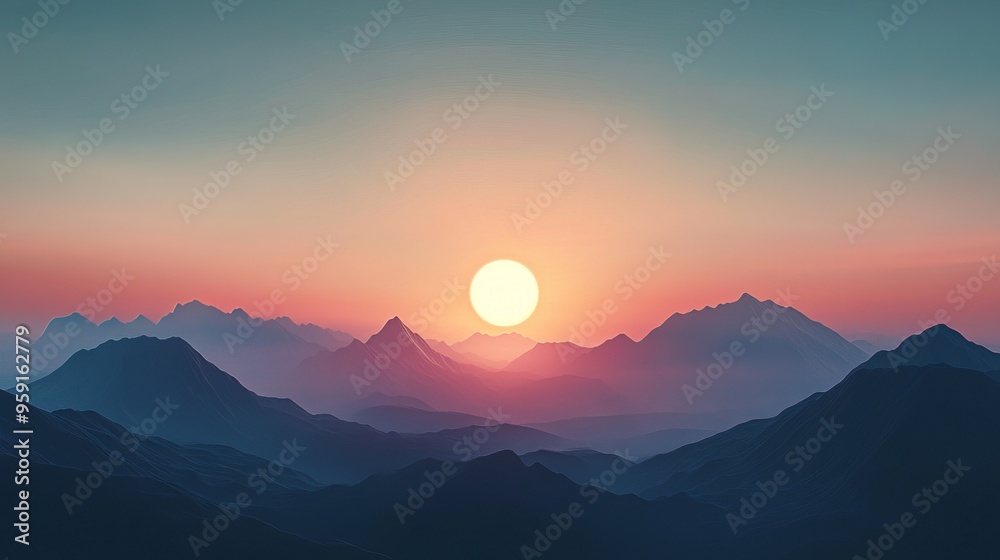 the sun is setting over a mountain range Stock Photo | Adobe Stock