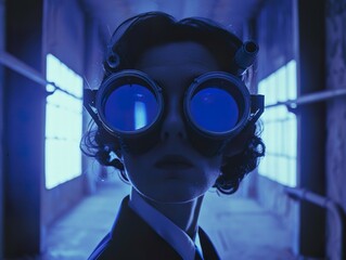 A woman wearing steampunk goggles stands in a dark corridor lit with blue light, her gaze intense.