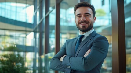 successful young bearded ceo businessman looking at camera and smiling inside modern office building