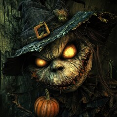 Wall Mural - Mysterious scarecrow witch holding pumpkin in a haunted forest at dusk