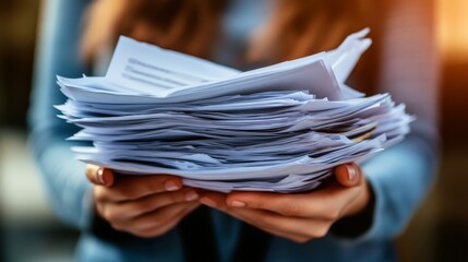 A person is gripping a substantial stack of documents, conveying a sense of urgency or completion in a relaxed environment during the late afternoon