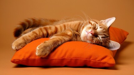 Sleepy cat peacefully dozing off on a soft pillow against a neutral beige background