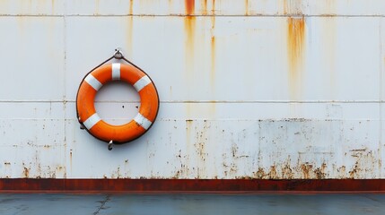 Life buoy on a ship orange life buoy on a white background hanging on a wall on the deck of a ship