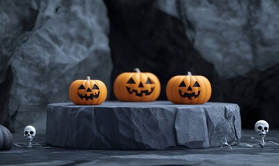 Three jack-o-lantern pumpkins on a dark gray platform with two skeletons in the foreground.