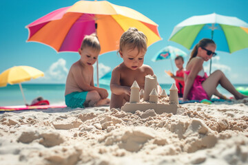 Exciting family day at the beach with parents and children building sandcastles, playing in the water, and enjoying the sun. The lively beach features colorful umbrellas, towels, and a bright blue sky