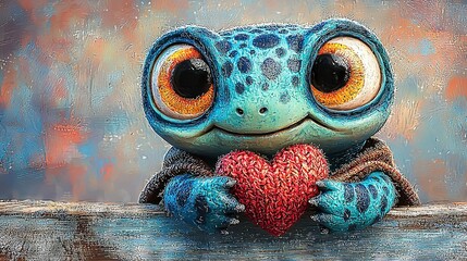   A close-up of a plush animal with a heart in front of a painting of a frog holding a heart