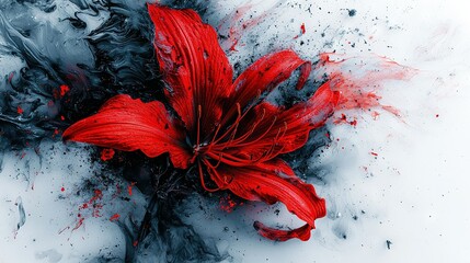 Wall Mural -   Red flower on black & white paint over white paper