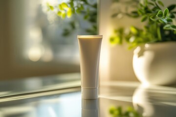 Aufkleber - A tube of cream stands upright, reflecting warm sunlight in a tranquil bathroom setting adorned with lush greenery. Generative AI