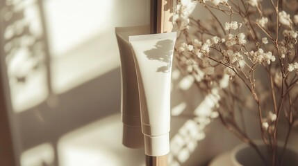 Aufkleber - A tube of cream sits reflected in a mirror, surrounded by softly illuminated dried flowers, highlighting a peaceful indoor ambiance. Generative AI