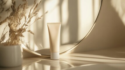 Poster - A cream tube stands elegantly next to a mirror, illuminated by soft light that creates calming shadows around it. Generative AI