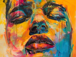 Wall Mural - Close-up of a colorful abstract painting of a woman's face with eyes closed.