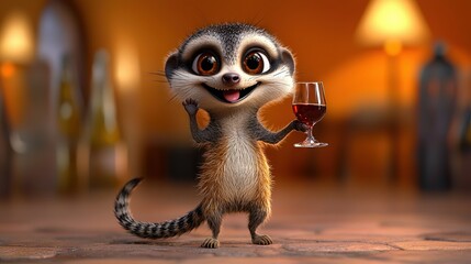 Wall Mural -   A meerkat standing on a tiled floor with a glass of wine in its right hand