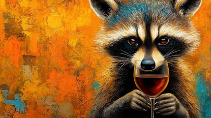 Wall Mural -   A raccoon with a glass of wine in front of a raccoon painting