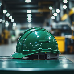 Green safety helmet resting on a glossy surface inside an industrial warehouse.  
