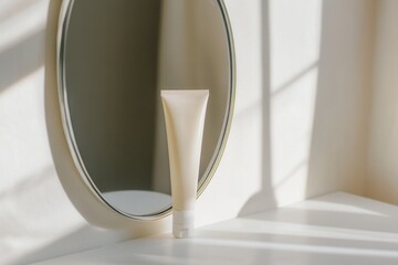 Sticker - A tube of cream sits on a clean surface, its reflection captured in a nearby circular mirror while gentle sunlight highlights the space. Generative AI