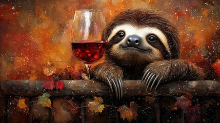 Poster -   A sloth in red wine on wood fencing surrounded by autumn leaves