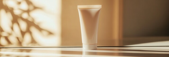 Aufkleber - The cream tube stands upright on a surface, with its reflection visible in the mirror as sunlight casts gentle shadows. Generative AI