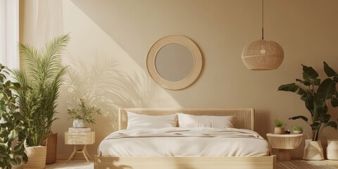 Wall Mural - Enter a serene beige bedroom featuring a sturdy wooden bed with fluffy pillows, an elegant lamp for warmth, and vibrant green plants, creating a cozy atmosphere ideal for relaxation