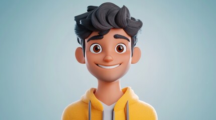 Poster - 
3D animated character of an Indian boy with black hair, smiling 