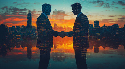 Corporate Partnership at Sunset: Silhouettes of Businessmen shaking hands over the city skyline